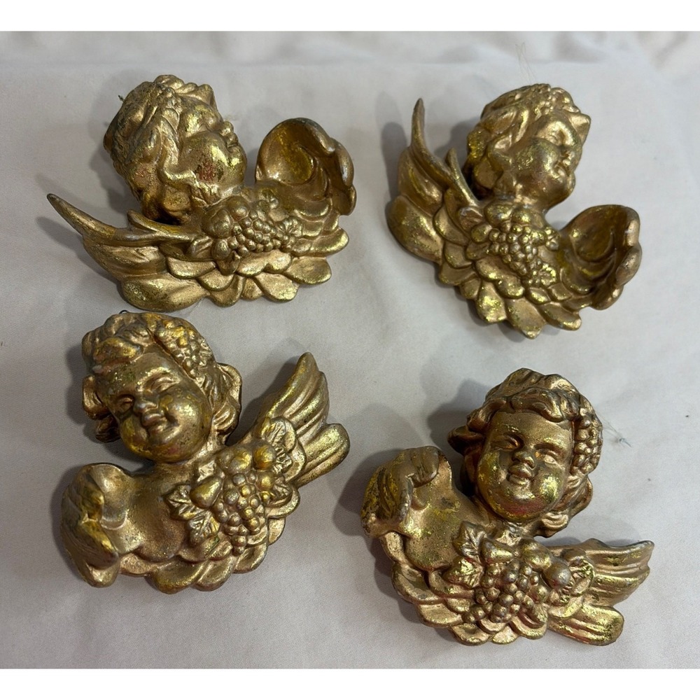 Vintage Set Of 4 Ceramic Florentine Golden Cherub Ornaments- 4"x3"x1.5"- 3.6 oz